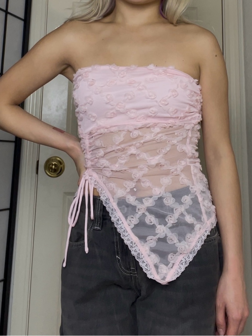 Urban Outfitters - Kimchi Blue | Light Baby Pink Strapless Mesh Floral Tube Top - Picture 6 of 7